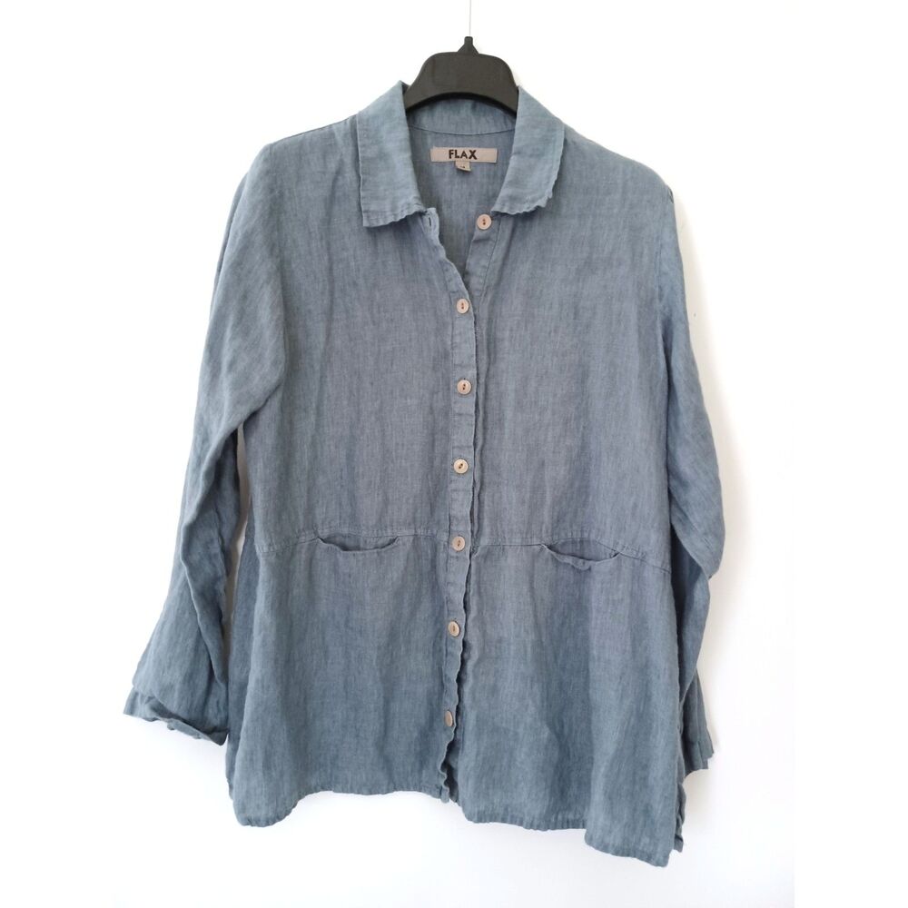Flax Linen Shirt Medium Blue Button Down Pockets Lagenlook Timeless‎ Chore Coat